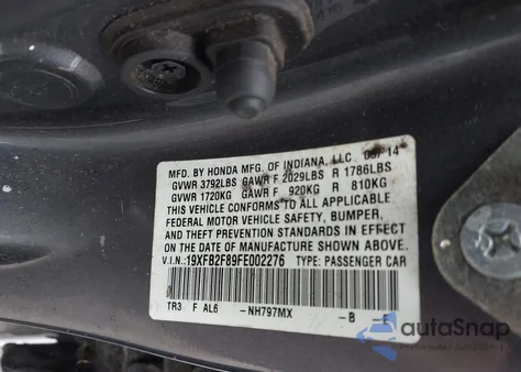 2015 Honda Civic Ex из США, поврежденный, VIN 19XFB2F89FE002276